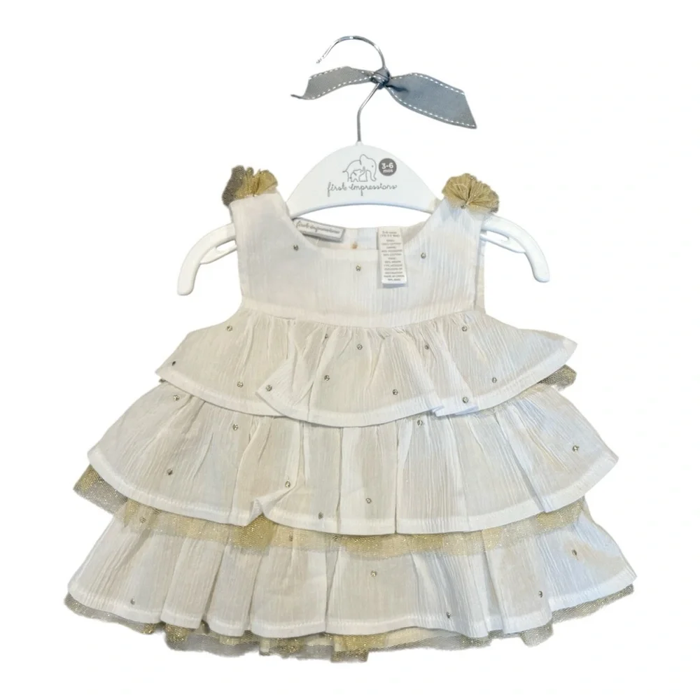First Impressions Baby Girl’s Shirt & Short Set White & Gold Tulle Size 3-6 M‎